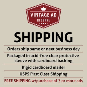 May include: A maroon and white logo with the text "VINTAGE AD RESERVE" above the word "SHIPPING" in large, bold, black letters. Additional text describes packaging and shipping details.