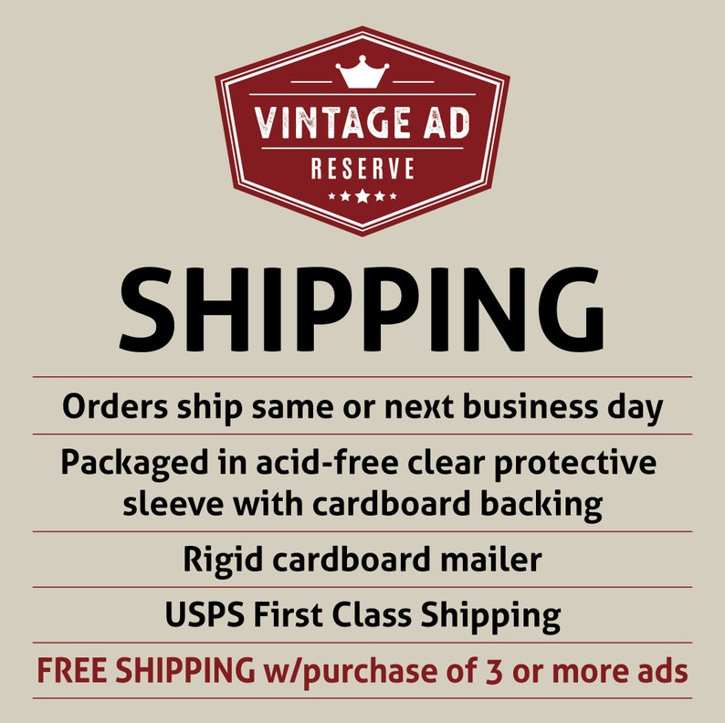 May include: A maroon and white logo with the text "VINTAGE AD RESERVE" above the word "SHIPPING" in large, bold, black letters. Additional text describes packaging and shipping details.