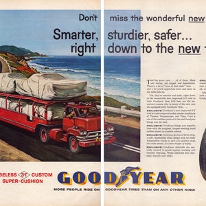 1959 Goodyear Tires Vintage Print Ad, Retro Classic Advertisement, Vintage Car Carrier Trucks on Coastal Highway, Wall Decor, Automobile Art