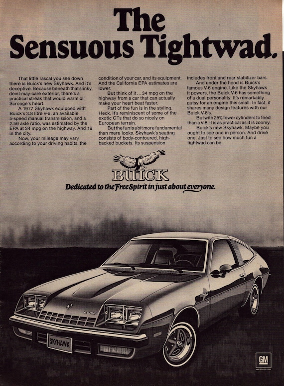 1977 Buick Skyhawk 2-dr Hatchback Vintage Print Ad, Retro