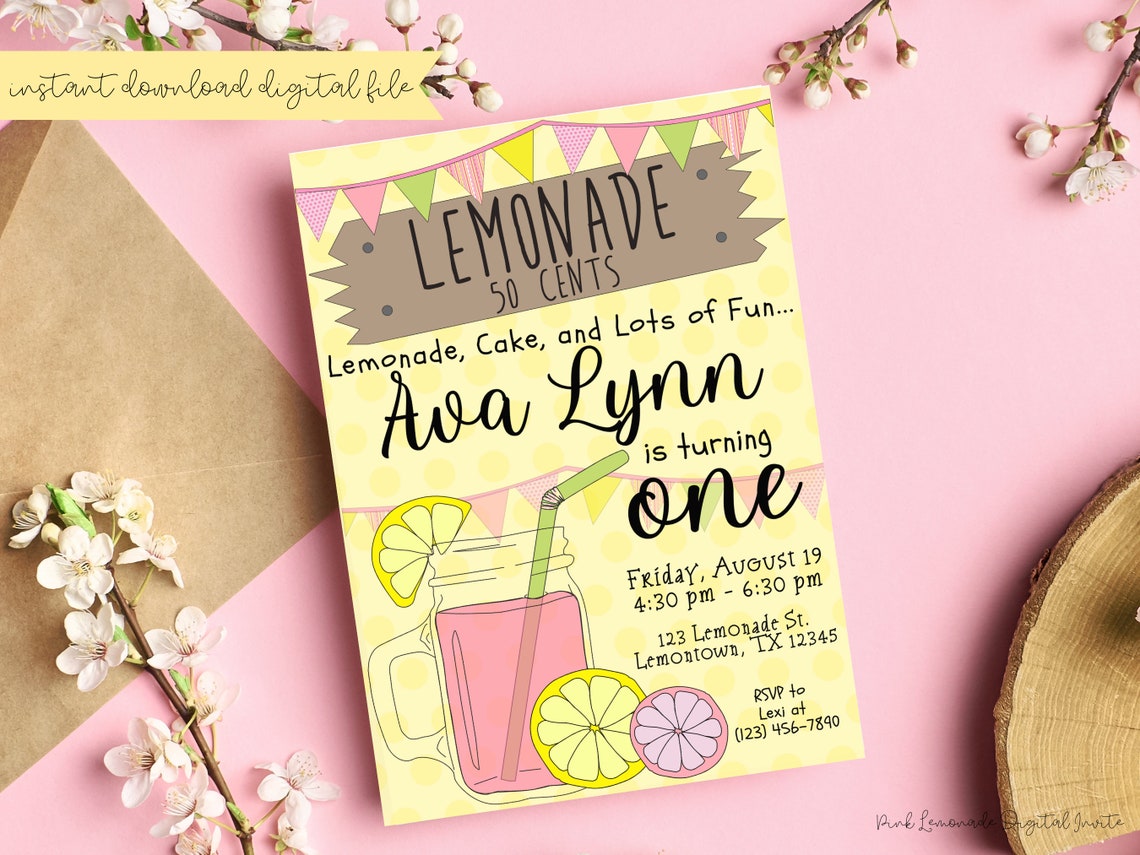 Pink Lemonade Birthday Party Invitation, Lemon Party Invite, Instant