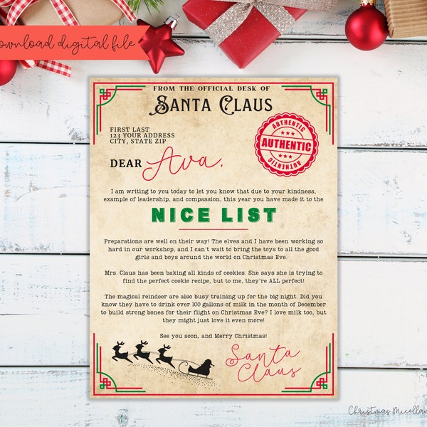 Official Letter from Santa Claus, North Pole Mail, Christmas Eve Box, Editable Printable Download, Instant Download Santa Letter, Nice List