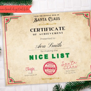 Certificato Nice List, Download istantaneo Lettera Nice List, Posta del Polo Nord, Scatola della vigilia di Natale, Download stampabile modificabile, Nice List Santa