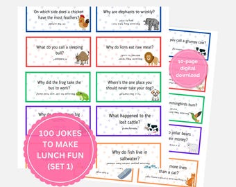 May include: A pink and white polka dot background with a pink circle containing the text "100 Jokes to Make Lunch Fun (Set 1)".  The image shows 10 colourful cards with animal illustrations and jokes written on them.  Each card has a different colour background and white polka dots.