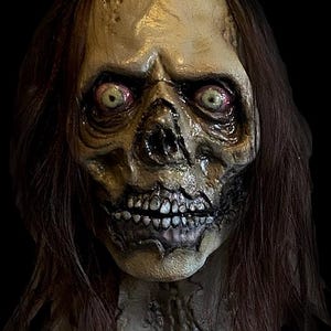May include: A highly detailed zombie mask with visible teeth, sunken eyes, and decaying skin. The mask has long, dark brown hair and is set against a black backdrop, ideal for Halloween.