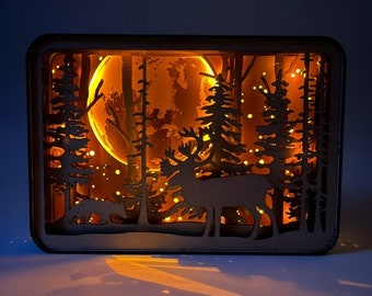 Caribou Light Box, Layered Light Box, Laser Cut Wood Art, Winter Art, 3D Art, L.E.D.