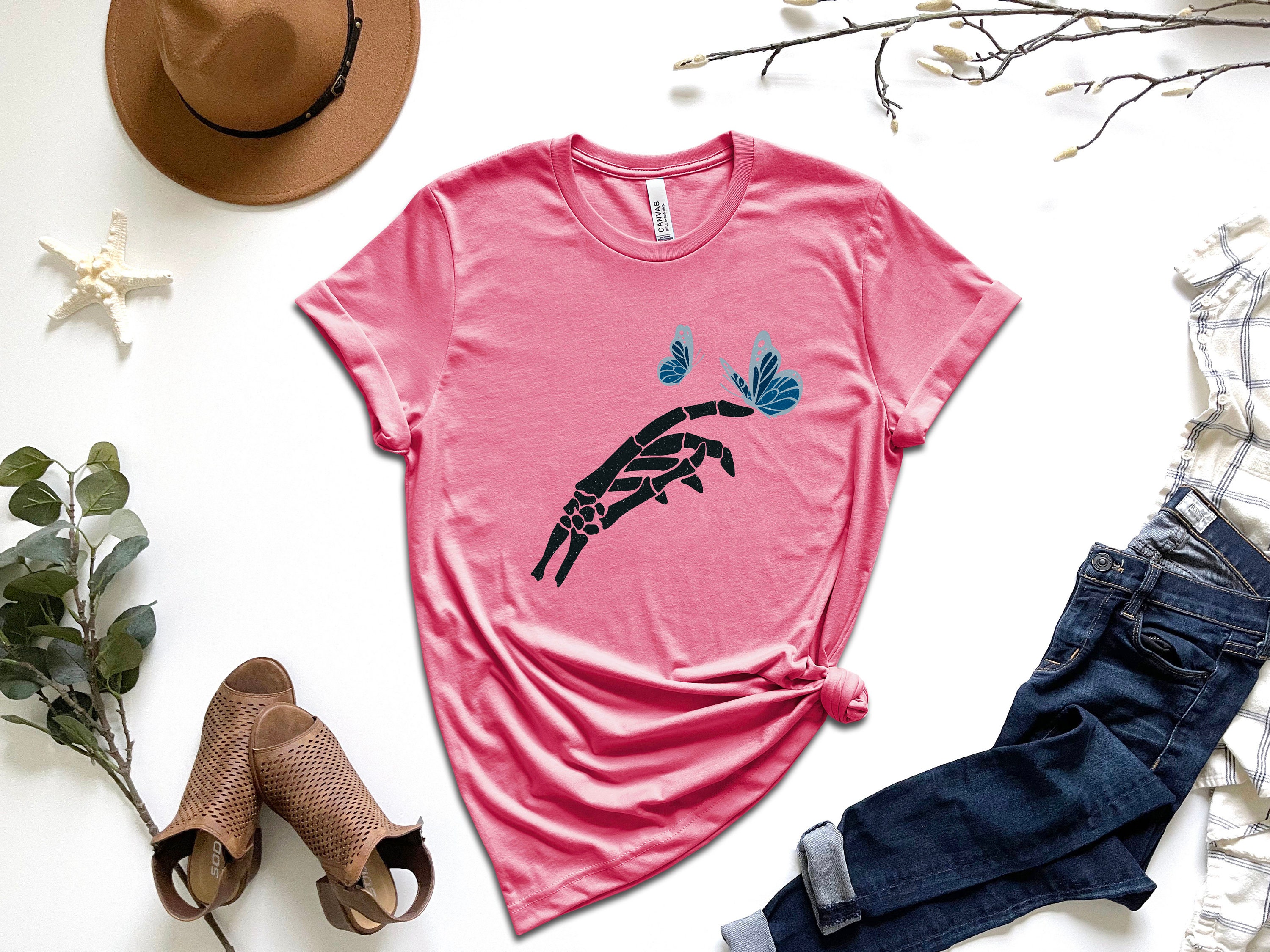 Discover Floral Butterfly Skeleton Hand T-shirt, Butterfly Shirt, Skeleton Shirt, Skeleton Hand Tee, Floral Shirt, Trendy Shirt, Ladies Funny Shirt