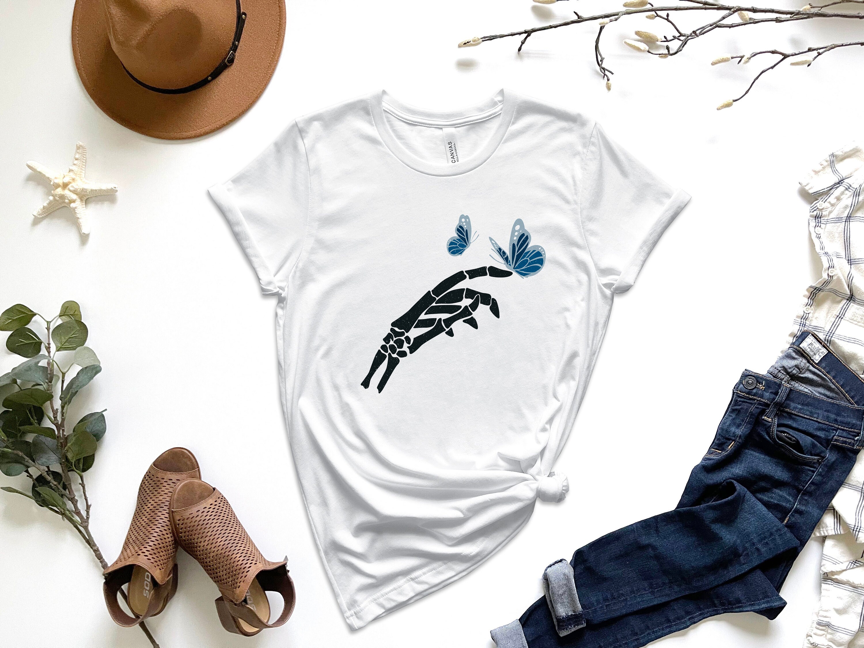 Discover Floral Butterfly Skeleton Hand T-shirt, Butterfly Shirt, Skeleton Shirt, Skeleton Hand Tee, Floral Shirt, Trendy Shirt, Ladies Funny Shirt