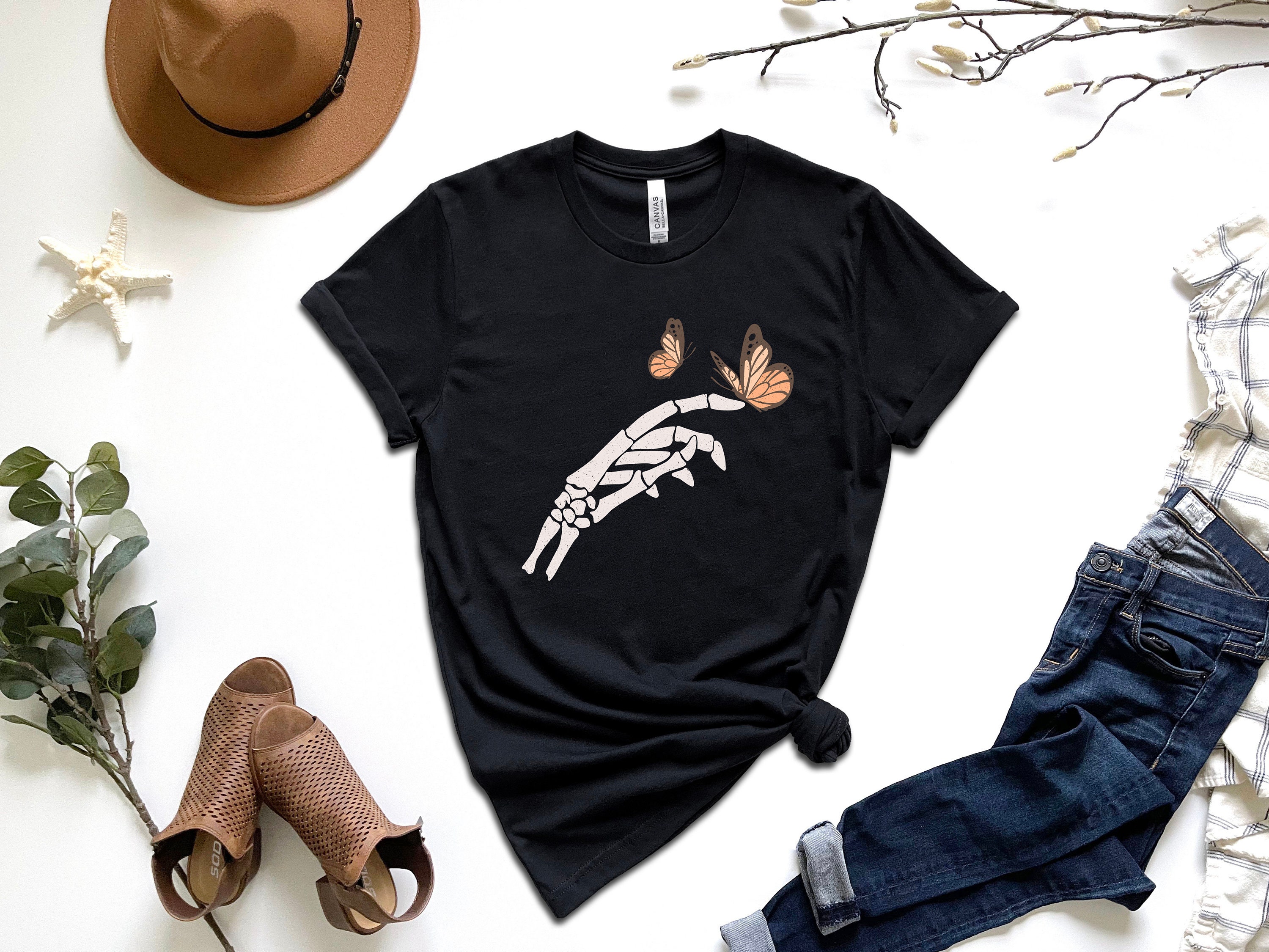 Discover Floral Butterfly Skeleton Hand T-shirt, Butterfly Shirt, Skeleton Shirt, Skeleton Hand Tee, Floral Shirt, Trendy Shirt, Ladies Funny Shirt