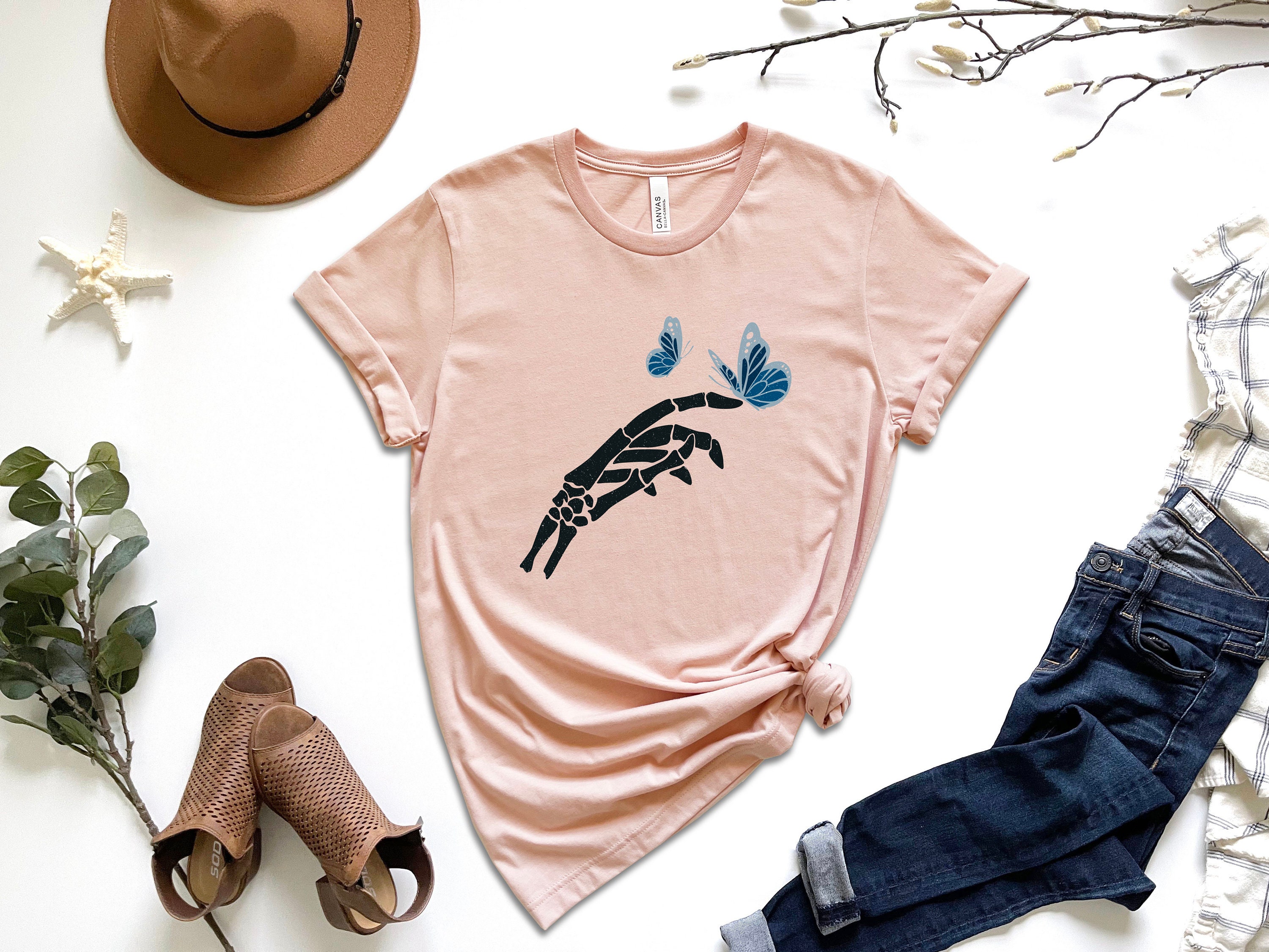 Discover Floral Butterfly Skeleton Hand T-shirt, Butterfly Shirt, Skeleton Shirt, Skeleton Hand Tee, Floral Shirt, Trendy Shirt, Ladies Funny Shirt