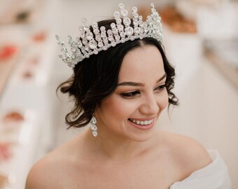 Tiara princesa en blanco, corona nupcial de pedrería, tiaras nupciales glamorosas, decoración del cabello