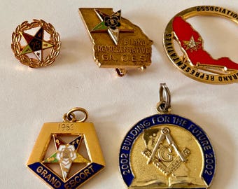 Order of the Eastern Star OES Pins and Pendants  1982 Grand Escort, 2002 California Masons, Georgia Florida Grand Representative, 25 Year