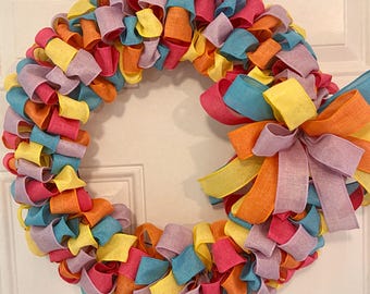 Handmade Rainbow Ribbon Wreath, Pastel Spring Summer Door Decor, Whimsical Bow Hanger