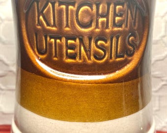 1970s Pottery Utensil Holder Retro Stoneware Crock Brown and Ivory Base.