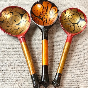 Vintage Khokhloma Wooden Spoons, Set of 3 Russian Folk Art, Hand Painted Lacquerware, Soviet USSR Kitchen Decor, Slavic Boho Gift