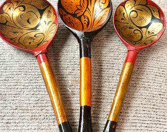 Vintage Khokhloma Spoons, Set of 3 Hand Painted Russian Folk Art Lacquerware