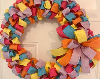 Handmade Pastel Rainbow Ribbon Wreath, Boho Fabric Door Hanger, Cottagecore Decor