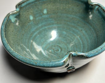 Handmade Ceramic Bowl | Speckled Blue Green Glaze, Thumbprint Rim