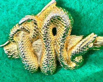 Textured Gold Serpent Brooch | Vintage Intertwined Snake Pin | Unsigned Costume Jewelry | Statement Piece Gift