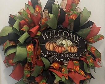 Handmade Pumpkin Fall Wreath, Welcome to Our Home Door Decor, Autumn Thanksgiving Burlap Ribbon