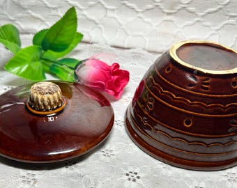 Vintage Drip-Glazed Stoneware Bowl with Faux-Antler Knob: Embossed Floral USA