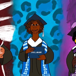 Peut inclure: Illustration colorée de cinq diplômés en toges et mortiers, chacun tenant une pancarte avec le nom d'une université : CAU, Morehouse, Spelman, Morris Brown et Morehouse. L'arrière-plan présente des imprimés animaliers et des motifs abstraits.