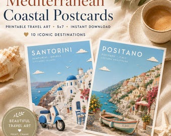 Mediterranean Coastal Postcard Bundle, Santorini Positano Amalfi Mykonos (Digital Download)