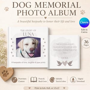 May include: A dog memorial photo album featuring a white cover with a photograph of a winking yellow Labrador, the text THE STORY OF LUNA, and a back cover with a heart and bird graphic. The album includes 36 pages and is a digital download.