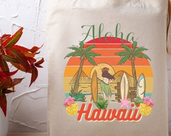 Vintage Hawaii Tote Bag, Retro Aloha Honeymoon Bag, Hawaii Travel Bag, Palm Tree Wedding Favor, Hawaii Island Souvenir, Summer Beach Tote
