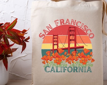 Wildflower San Francisco Graphic Tote Bag, Black Vintage California  Bag, San Francisco Travel Tote, SF Lover Gift, Golden Gate Bridge Tote