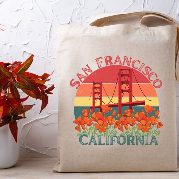 Wildflower San Francisco Graphic Tote Bag, Vintage California Canvas Bag, San Francisco Travel Tote, SF Lover Gift, Golden Gate Bridge Tote