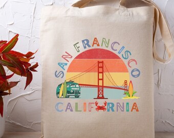 San Francisco Retro Graphic Tote Bag, Vintage California Canvas Bag, San Francisco Travel Tote, CA Surfing Tote, SF Golden Gate Bridge Gift