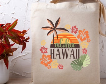 Hawaii Tote Bag, Vintage Aloha Canvas Bag, Retro Hawaii Travel Tote, Hawaii Wedding Gift, Palm Tree Tote, Hawaii Island Souvenir, Beach Tote