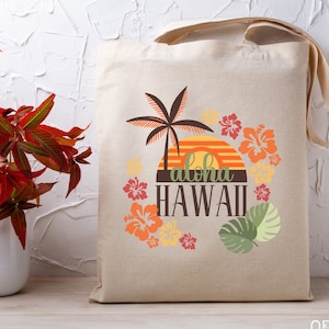 Hawaii Tote Bag, Vintage Aloha Canvas Bag, Retro Hawaii Travel Tote, Hawaii Wedding Gift, Palm Tree Tote, Hawaii Island Souvenir, Beach Tote image 1