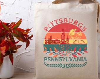Vintage Pittsburgh Tote Bag, Retro Pittsburgh Football Bag, Pennsylvania Travel Tote, Pennsylvania Souvenir, Golden Triangle Christmas Bag