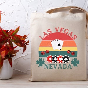 Sacola de lona para lembrança de viagem de Las Vegas, sacola estética para cassino de Las Vegas, presente de Natal para amantes de jogos de azar, bolsa gráfica para cartas de baralho de Nevada