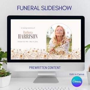 Wildflower Female Funeral Photo Slideshow Template Canva, Memorial Video, Minimalist Celebration of Life Presentation, Funeral Photo Tribute