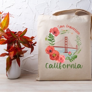 Wildflower San Francisco Graphic Tote Bag, Vintage California Canvas Bag, San Francisco Travel Tote, SF Lover Gift, Golden Gate Bridge Tote