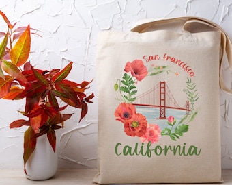Wildflower San Francisco Graphic Tote Bag, Vintage California Canvas Bag, San Francisco Travel Tote, SF Lover Gift, Golden Gate Bridge Tote