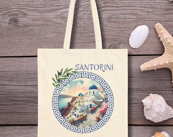 Santorini Greece Tote Bag, Greek Travel Gift, Mediterranean Vacation Souvenir, Destination Wedding Favor Tote Gift, Europe Birthday Bag