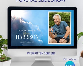 Blue Male Funeral Photo Slideshow Template Canva, Memorial Video, Minimalist Celebration of Life Presentation, Photo Tribute PowerPoint