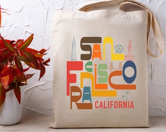 San Francisco California Tote, Retro Wedding Favor Tote Bag, San Francisco Travel Tote, SF Lover Holiday Gift, Golden Gate Bridge Souvenir