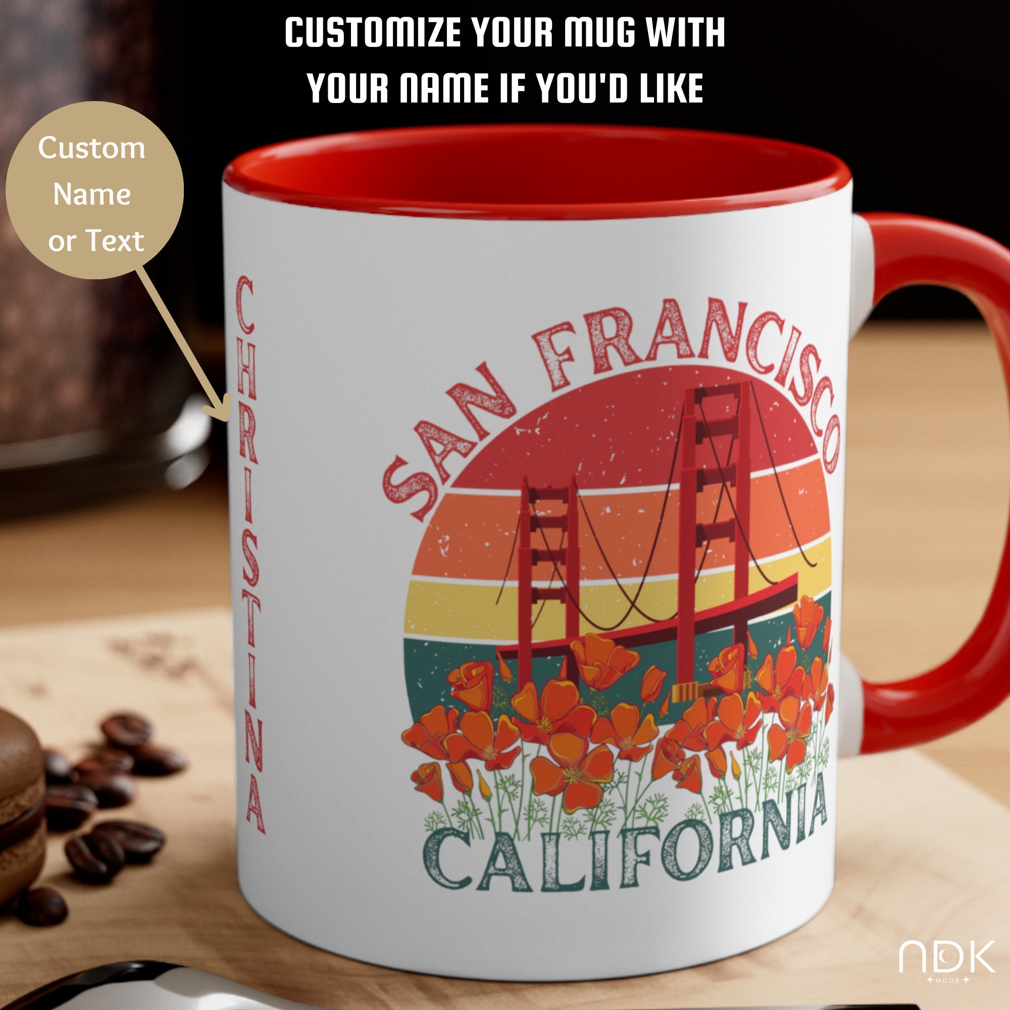 Wildflower San Francisco Mug Personalized, Vintage Christmas SF Tine Mug, Destination Wedding California Poppy Mug, Golden Gate Traveler Mug