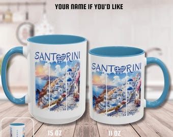 Santorini Greece Travel Mug, Greek Travel Gift, Mediterranean Vacation Souvenir, Destination Wedding Favor Mug Gift , Europe Birthday Mug