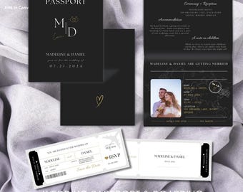 Wedding Passport Invitation Template Canva, RSVP Save The Date Boarding Pass, Destination Wedding DIY E-vite, Social Media Travel Invite