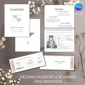 May include: Wedding invitation suite featuring a passport and boarding pass design. The passport displays the initials "M" and "D" and the wedding date. The invitation cards and boarding pass have a beige and white colour scheme.