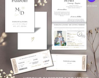 Wedding Passport Invitation Template Canva, RSVP Save The Date Boarding Pass, Destination Wedding DIY E-vite, Social Media Travel Invite