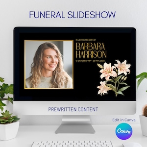 Female Funeral Photo Slideshow Black Template Canva, Memorial Video, Minimalist Celebration of Life Presentation, Funeral Photo Tribute
