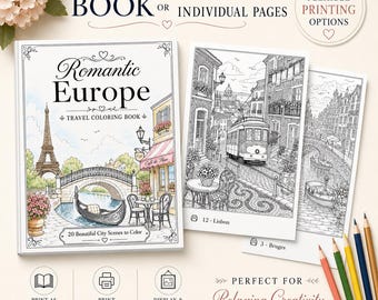 Romantic Europe Coloring Book Printable, 20 Europe City Coloring Pages, Travel Coloring Page PDF & JPG, Adult Coloring Book Instant Download