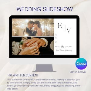May include: A wedding slideshow template with a white background and a black and white photo of a couple. The text "K | V" is in the top right corner of the template. The text "07.05.24" is in the top right corner of the template. The text "KELLY & VINCENT" is in the bottom right corner of the template. The text "Our Forever Beginning" is in the bottom right corner of the template. The text "Edit in Canva" is in the bottom right corner of the template.